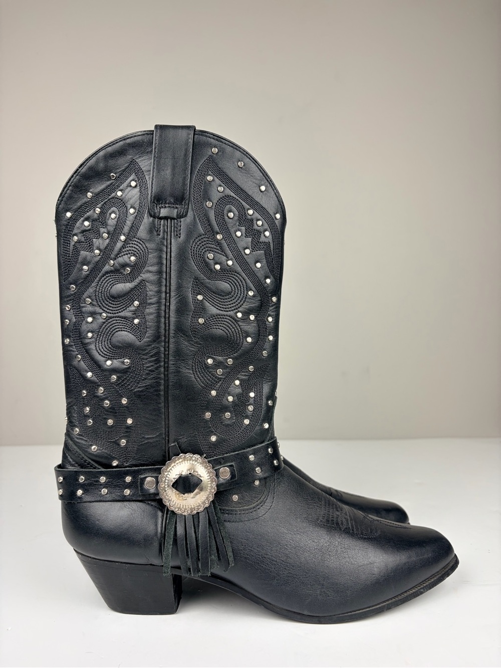Vintage Oak‎ Tree Farms Black Studded Western Cowboy Boots Women’s 9.5